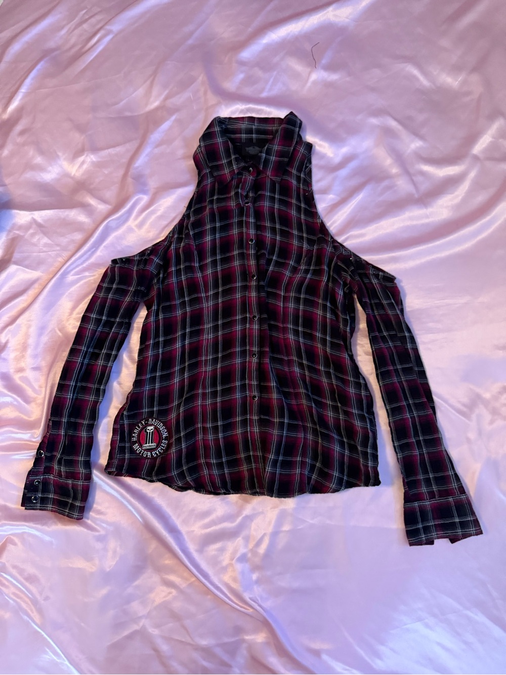 Harley Davidson Cold-Shoulder Plaid Button-Down Shirt - Black & Maroon